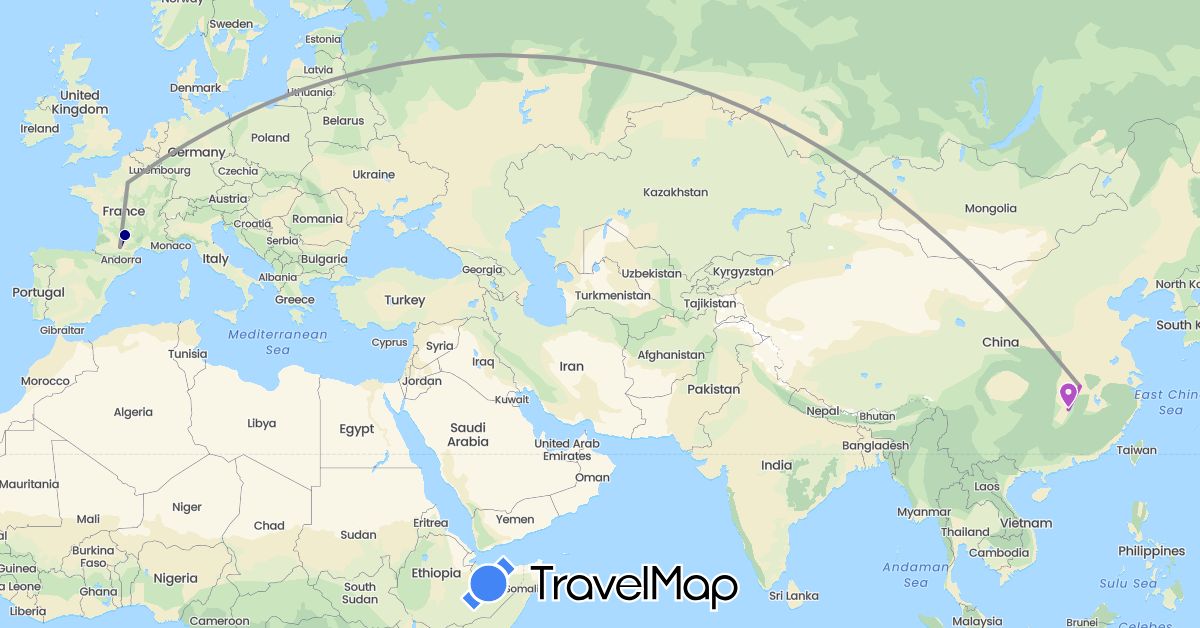 TravelMap itinerary: driving, plane, train in China, France (Asia, Europe)